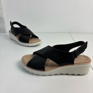 Clarks Womens 8 Jillian Jewel Strappy Sandal Black Leather Wedge Heel Sling Back